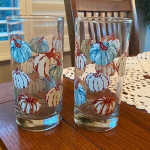Two vintage pumpkin Libbey 16 ounce drinking glasses mint condition 6”x3” wide